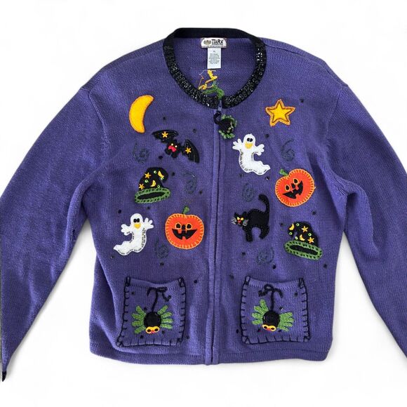 Vintage Tiara International Halloween Sweater Women's XL Purple Zip Cardigan - Picture 3 of 7